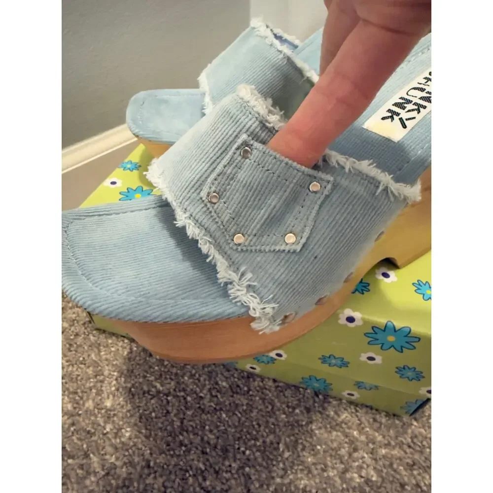 Rare Y2K Funky Chunk Platform Clogs Blue Corduroy Wooden Chunky Mules - Sz 9